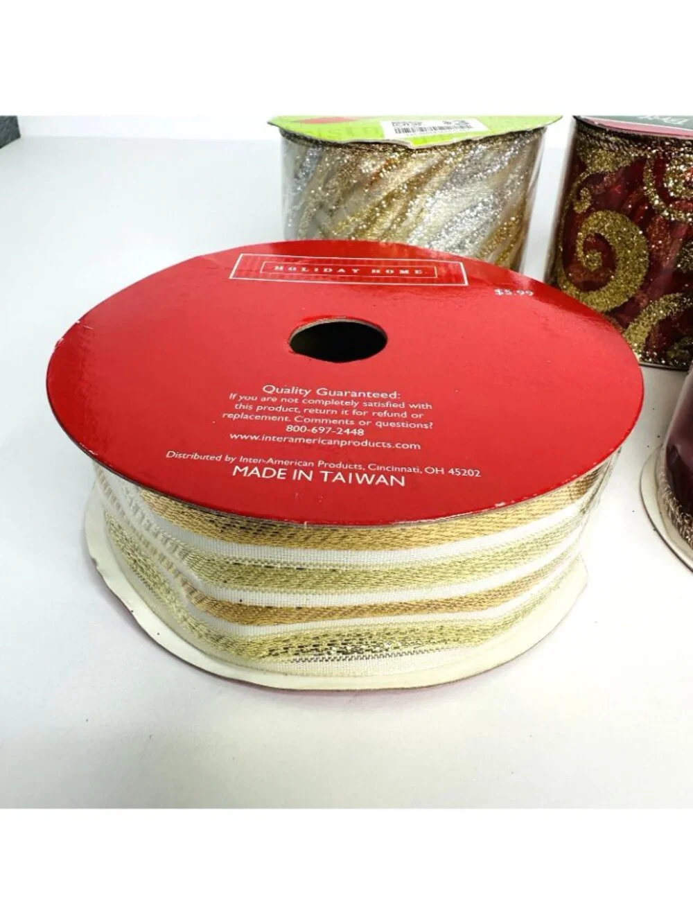 Holiday Christmas Ribbon Lot of 6 Red Gold Silver Sparkling Crafts Decor NEW!